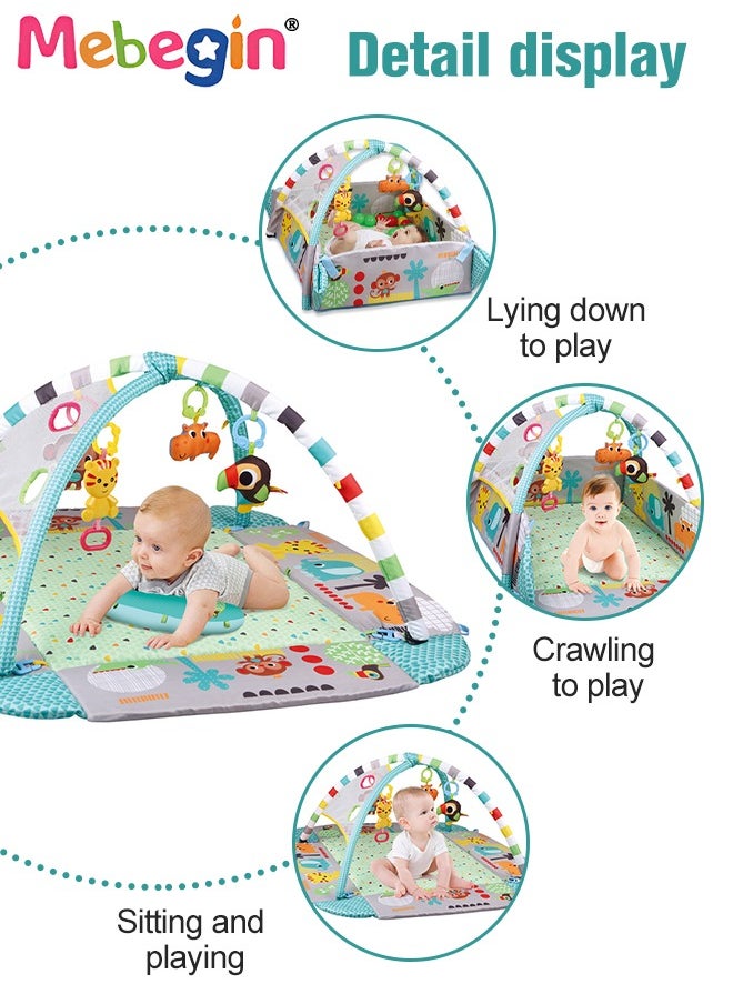 5 in 1 Foldable Baby Play Mat, Baby Activity Gym Mat with Detachable Hanging Toys and Colorful Ocean Balls, Soft Baby Mats for Floor Play, Non-slip Tummy Time Mat for Infants, Infant Playpen with Ad