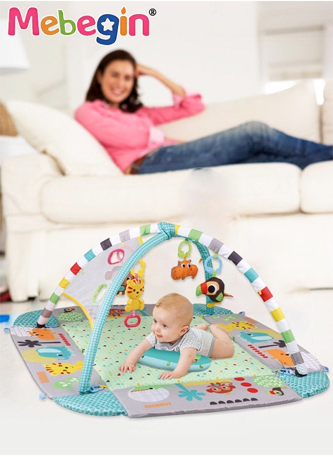 5 in 1 Foldable Baby Play Mat, Baby Activity Gym Mat with Detachable Hanging Toys and Colorful Ocean Balls, Soft Baby Mats for Floor Play, Non-slip Tummy Time Mat for Infants, Infant Playpen with Ad