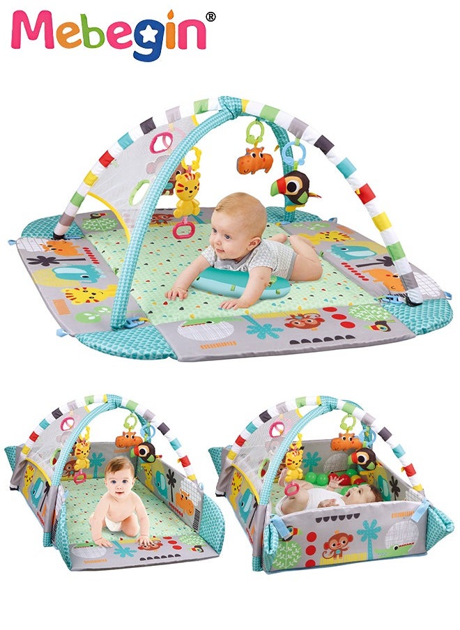 5 in 1 Foldable Baby Play Mat, Baby Activity Gym Mat with Detachable Hanging Toys and Colorful Ocean Balls, Soft Baby Mats for Floor Play, Non-slip Tummy Time Mat for Infants, Infant Playpen with Ad