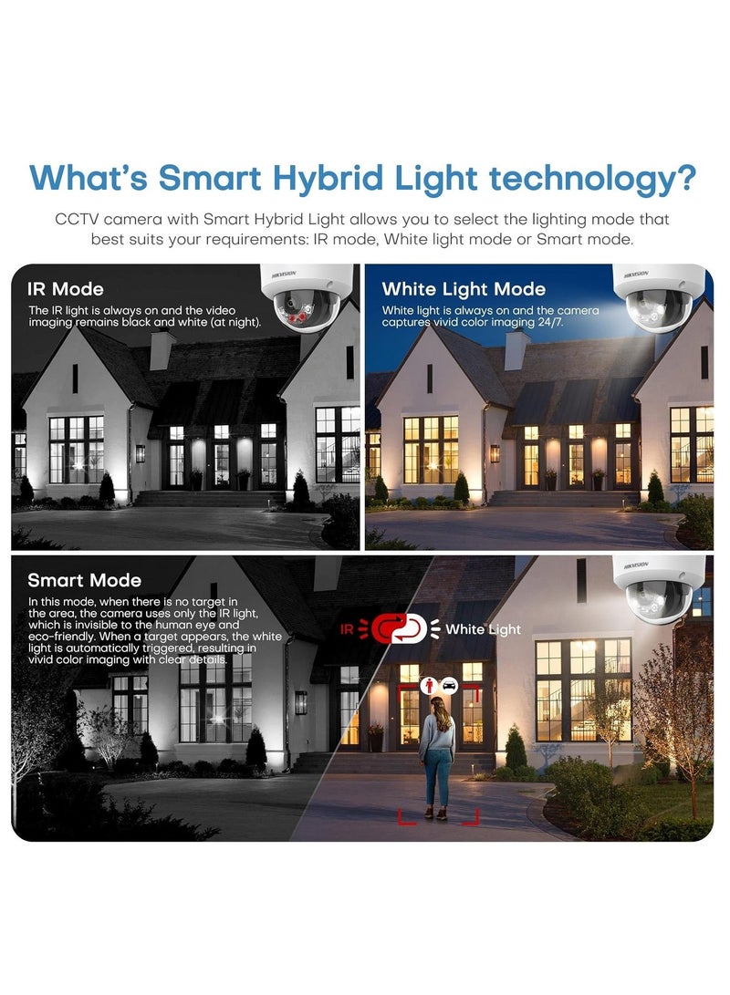 DS-2CD2143G2-LI(S)(2U) 4MP AcuSense Smart Hybrid Light Fixed Dome Camera, 120dB WDR, 30m IR/White Light, Built-in Dual Microphone, 2.8mm/4mm Lens, H.265+ Compression, IP67, IK10, PoE, Motion Detection, Human/Vehicle Classification, Audio, and Video Analytics