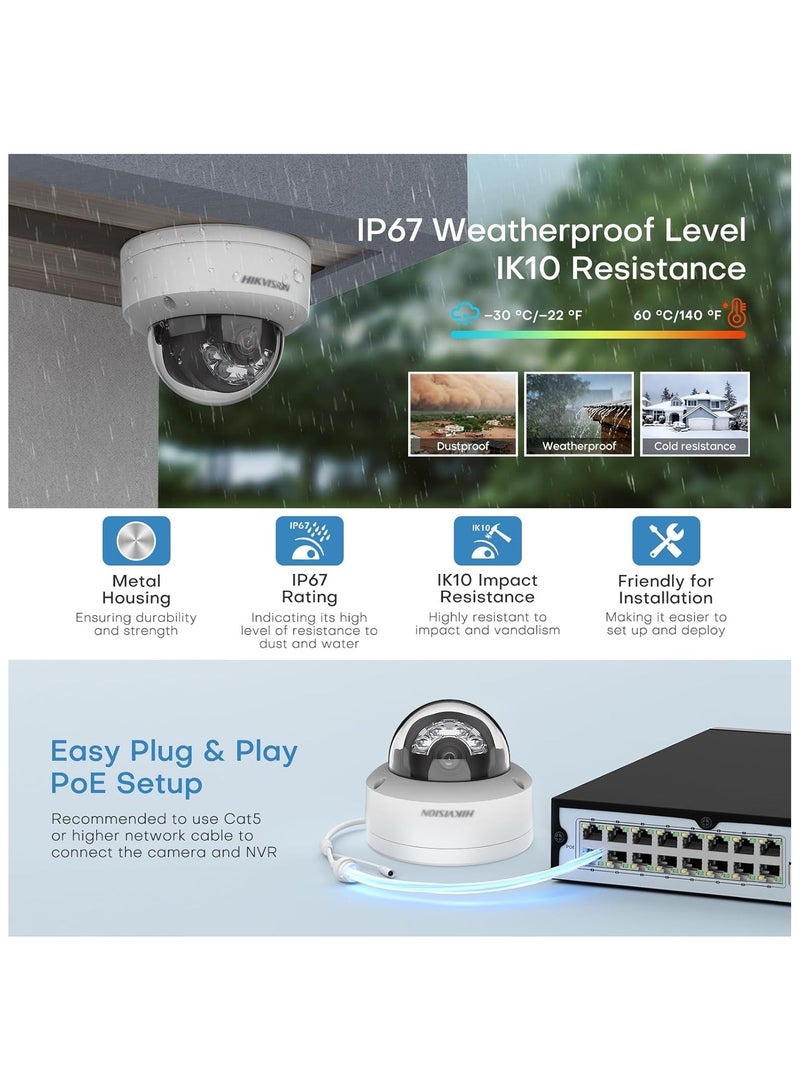 DS-2CD2143G2-LI(S)(2U) 4MP AcuSense Smart Hybrid Light Fixed Dome Camera, 120dB WDR, 30m IR/White Light, Built-in Dual Microphone, 2.8mm/4mm Lens, H.265+ Compression, IP67, IK10, PoE, Motion Detection, Human/Vehicle Classification, Audio, and Video Analytics
