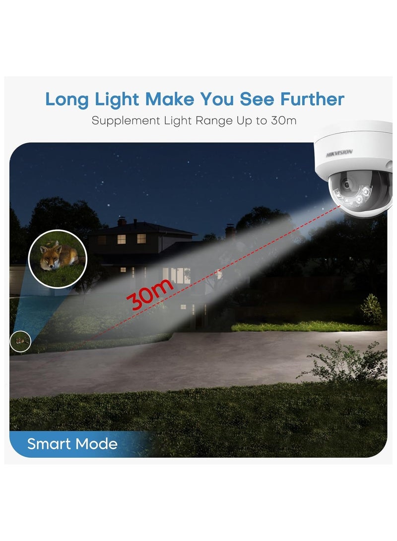 DS-2CD2143G2-LI(S)(2U) 4MP AcuSense Smart Hybrid Light Fixed Dome Camera, 120dB WDR, 30m IR/White Light, Built-in Dual Microphone, 2.8mm/4mm Lens, H.265+ Compression, IP67, IK10, PoE, Motion Detection, Human/Vehicle Classification, Audio, and Video Analytics
