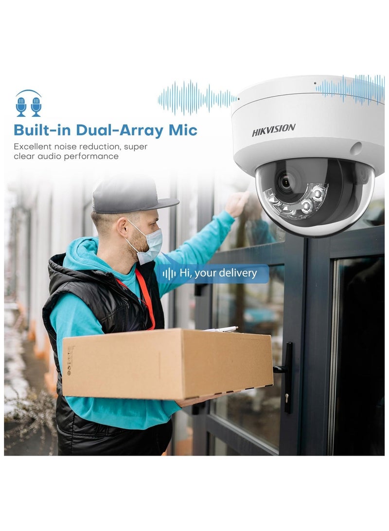 DS-2CD2143G2-LI(S)(2U) 4MP AcuSense Smart Hybrid Light Fixed Dome Camera, 120dB WDR, 30m IR/White Light, Built-in Dual Microphone, 2.8mm/4mm Lens, H.265+ Compression, IP67, IK10, PoE, Motion Detection, Human/Vehicle Classification, Audio, and Video Analytics