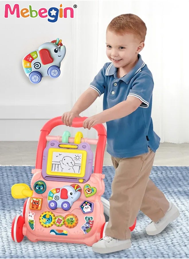 2 in 1 Baby Walker with Fun-filled Activity Panel, Multifunctional Push Along Walker with Drawing Board, Music Walker for Toddler, Early Educational Child Activity Center, Ideal Support for Babies'