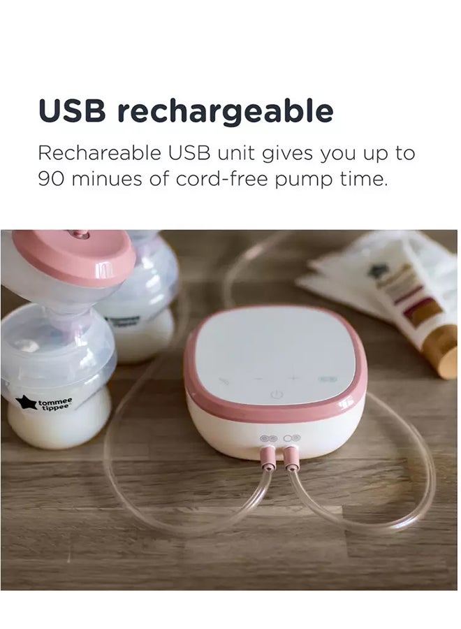 Made for Me Double Electric Breast Pump, Massaging Silicone Cup, USB Rechargeable, Quiet, Portable, Express Modes, Baby Bottle Included