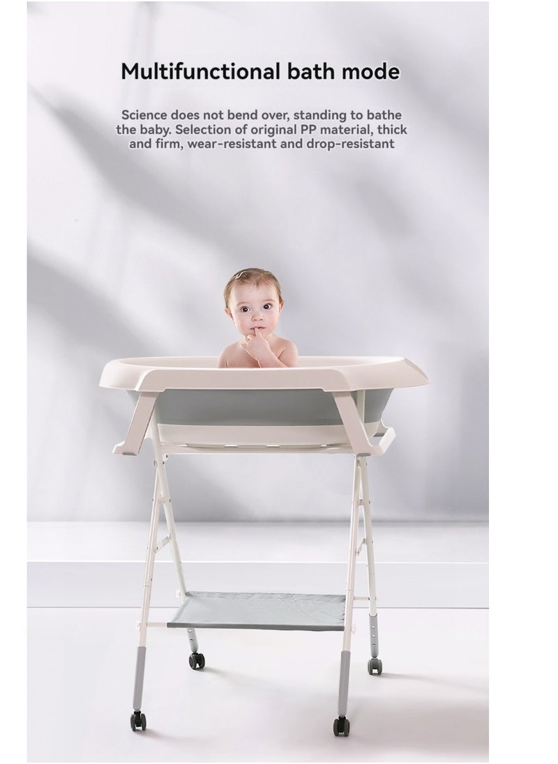 2-in-1 Portable Baby Changing Table with Baby Bath Tub,Foldable Changing Table, Baby Changing Station with Wheels,Height Adjustable Diaper Changing Bathtub Table for Infant and Newborn