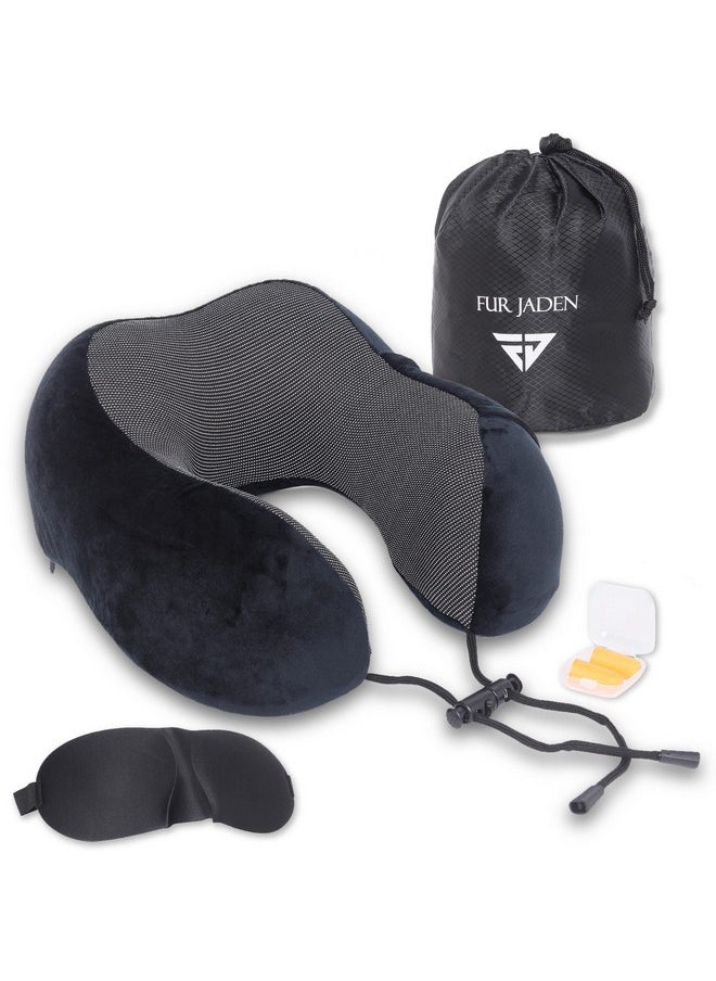 FUR JADEN Memory Foam Luxury Travel Neck Support Rest Pillow Eye Mask, Noise Isolating Ear Plugs Portable Combo (Black)