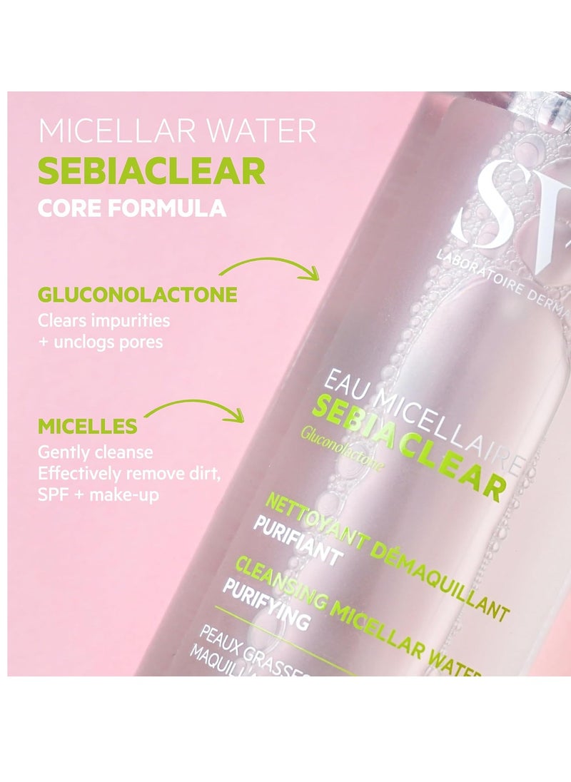 SVR Sebiaclear Micellar Water. Cleansing Makeup Remover for Sensitive, Oily & Combination Skin. Mattifying, Purifying, and Hydrating Facial Cleanser that Helps Unclogs Pores, 13.5 fl. oz.