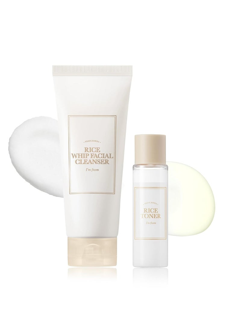 I'm from Rice Toner 1.01 Fl oz + Rice Whip Facial Cleanser 5.07 Fl oz Set, Korean Rice Toner & Rice Face Wash for dry, combination, sensitive skin, Glowing skin, Rice Facial Cleanser
