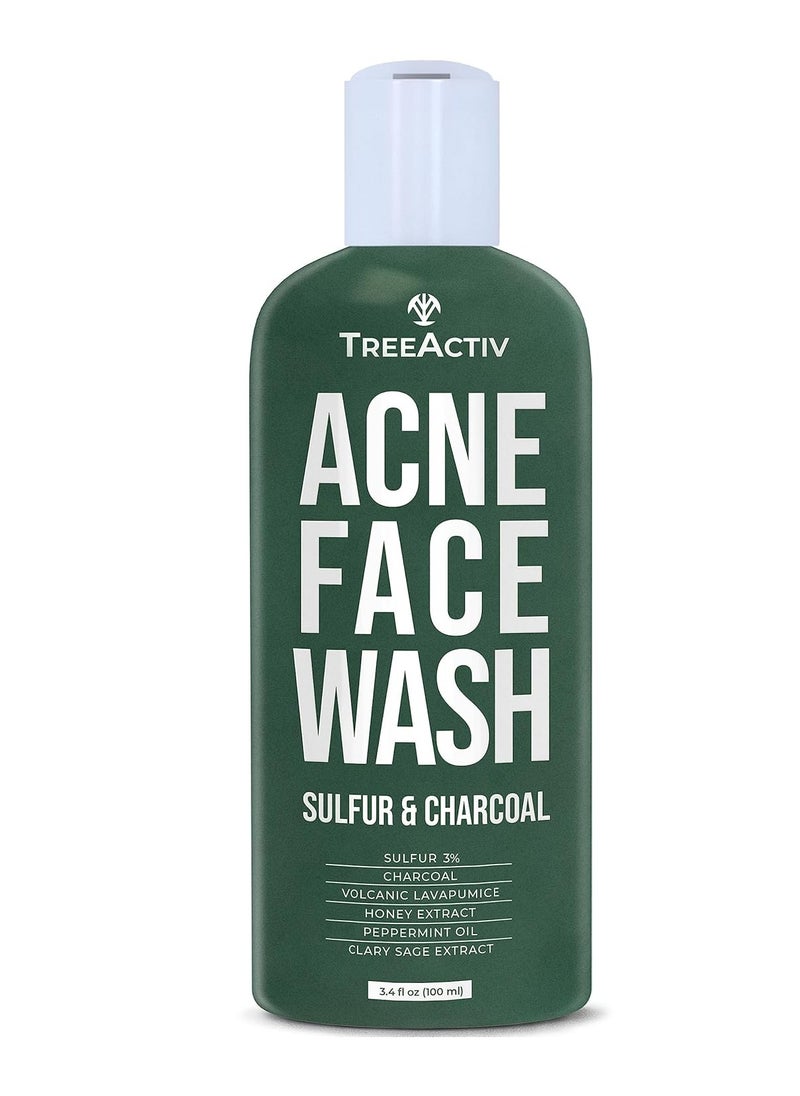 TreeActiv Acne Charcoal Face Wash 3.4 oz, Exfoliating Daily Honey & Sulfur Face Wash - Sulfur Acne Treatment Cleanser Face Soap, Mens Face Wash, Deep Cleansing Moisturizing Face Wash for Women and Men