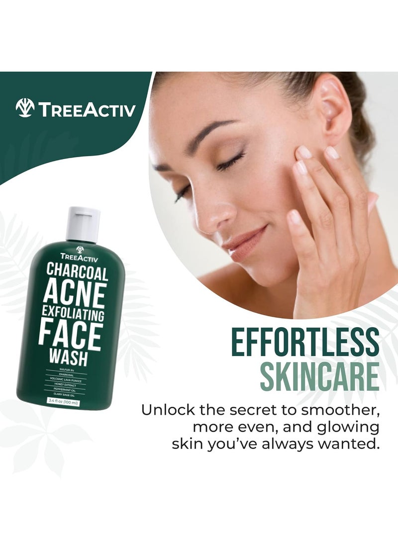 TreeActiv Acne Charcoal Face Wash 3.4 oz, Exfoliating Daily Honey & Sulfur Face Wash - Sulfur Acne Treatment Cleanser Face Soap, Mens Face Wash, Deep Cleansing Moisturizing Face Wash for Women and Men