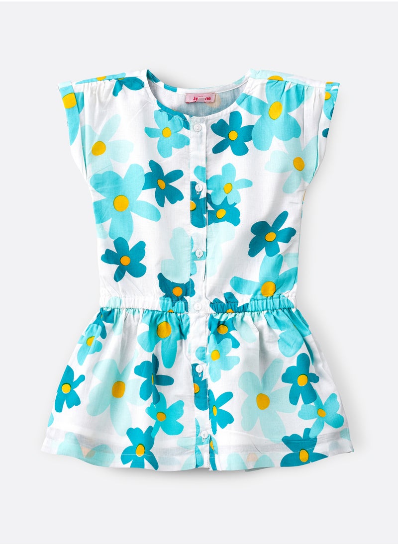 Aqua Floral Cotton Playsuit for Girls