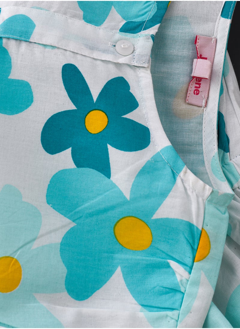 Aqua Floral Cotton Playsuit for Girls