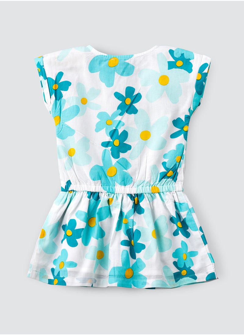 Aqua Floral Cotton Playsuit for Girls