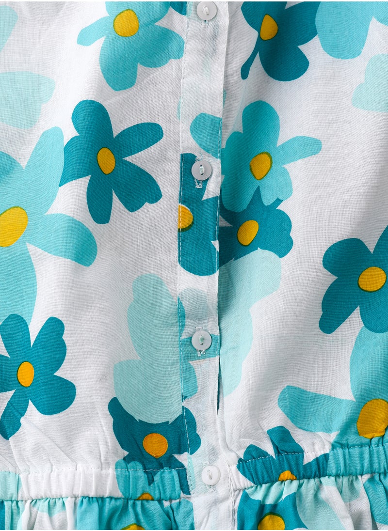 Aqua Floral Cotton Playsuit for Girls