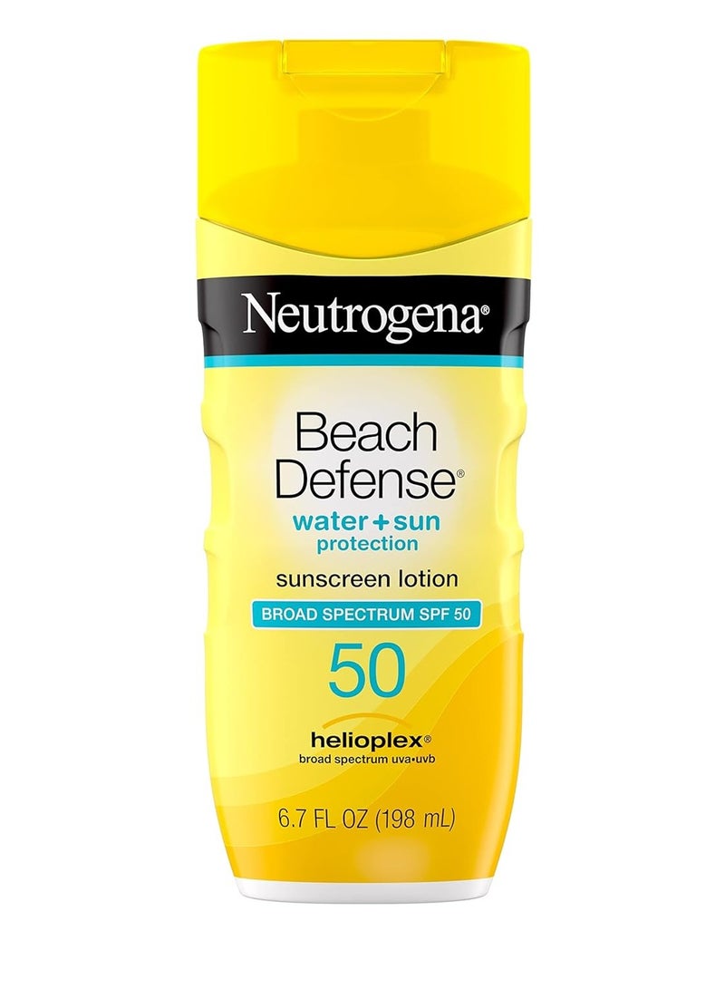 Beach Defense Water-Resistant Sunscreen Lotion with Broad Spectrum SPF 30, Oil-Free and PABA-Free Oxybenzone-Free, UVA/UVB Sun Protection, SPF 50 6.7Fluid Ounce