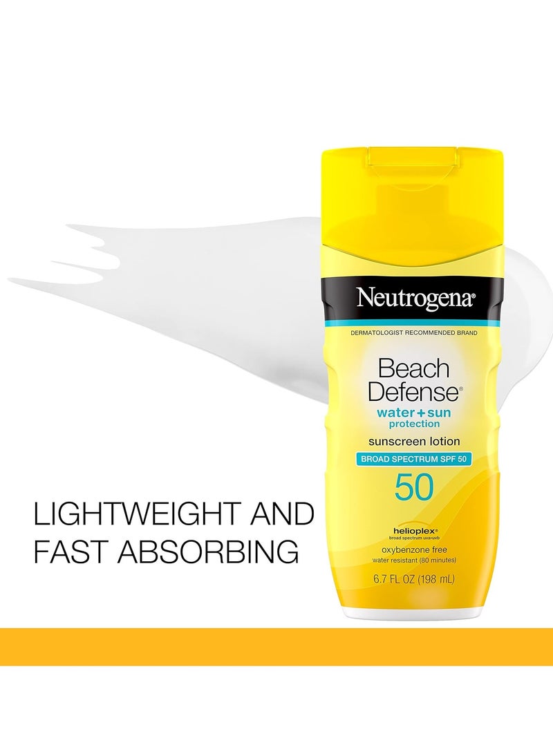Beach Defense Water-Resistant Sunscreen Lotion with Broad Spectrum SPF 30, Oil-Free and PABA-Free Oxybenzone-Free, UVA/UVB Sun Protection, SPF 50 6.7Fluid Ounce