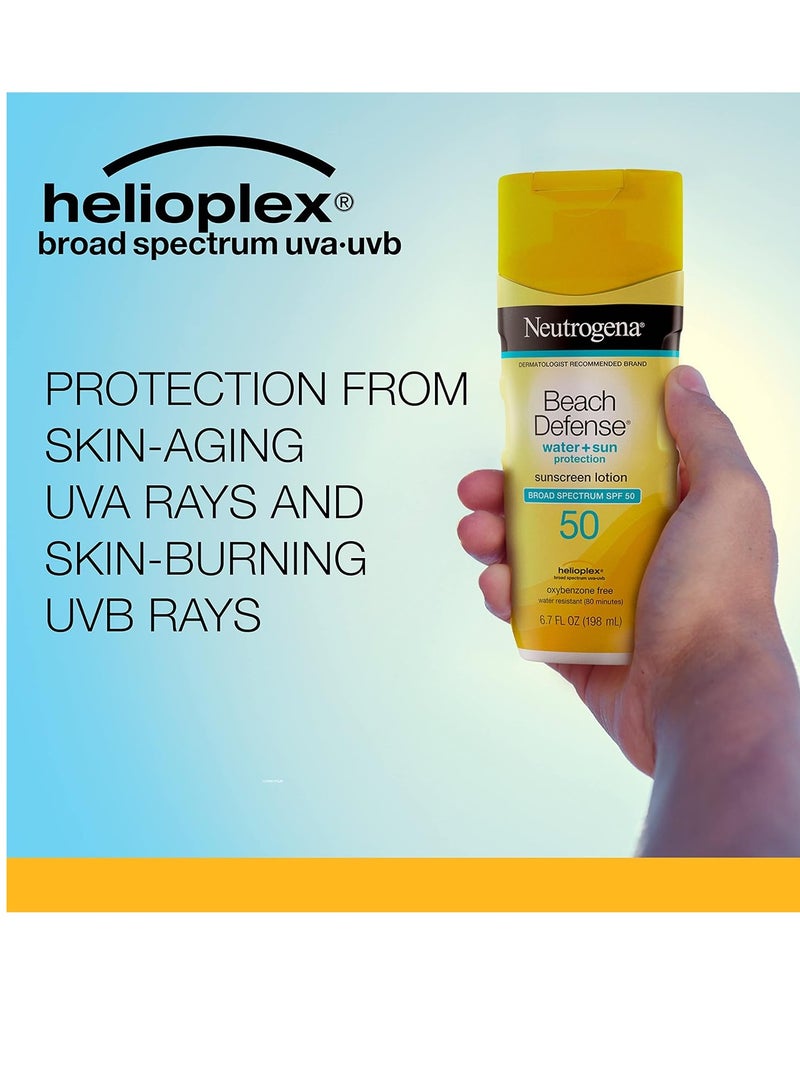 Beach Defense Water-Resistant Sunscreen Lotion with Broad Spectrum SPF 30, Oil-Free and PABA-Free Oxybenzone-Free, UVA/UVB Sun Protection, SPF 50 6.7Fluid Ounce