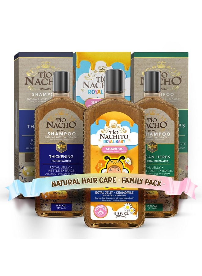 Tio Nacho Family Hair Care Bundle: Royal Baby Hair and Body Shampoo, Mexican Herbs Shampoo, Anti Hair Loss Thickening Volume Filler Shampoo with Royal Jelly & Rosemary, 14 oz each