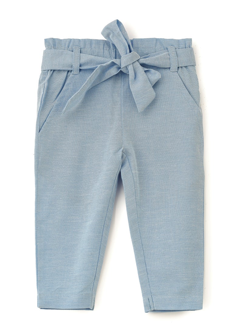Light Blue Cotton Trousers with Tie Waist for Girls