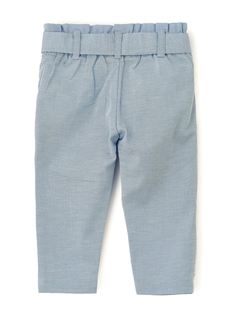 Light Blue Cotton Trousers with Tie Waist for Girls