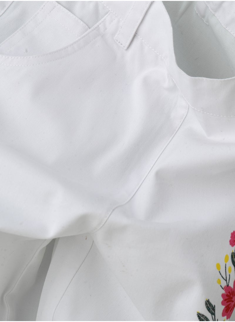 White Cotton Trousers with Floral Print for Girls