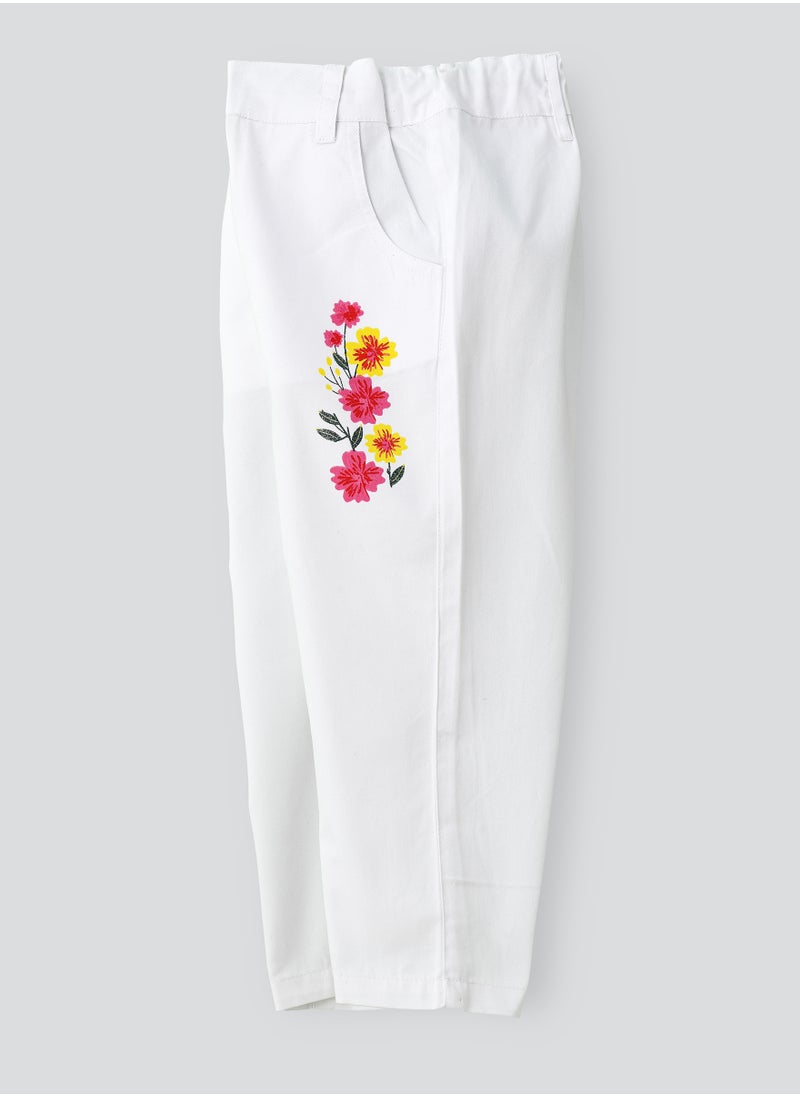 White Cotton Trousers with Floral Print for Girls