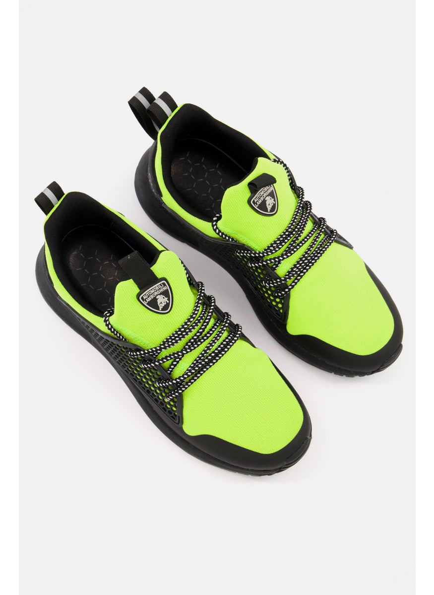 Men Lace Up Brand Logo Casual Shoes, Black/Lime Green