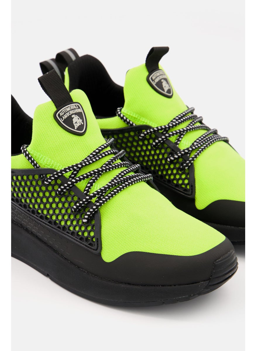 Men Lace Up Brand Logo Casual Shoes, Black/Lime Green