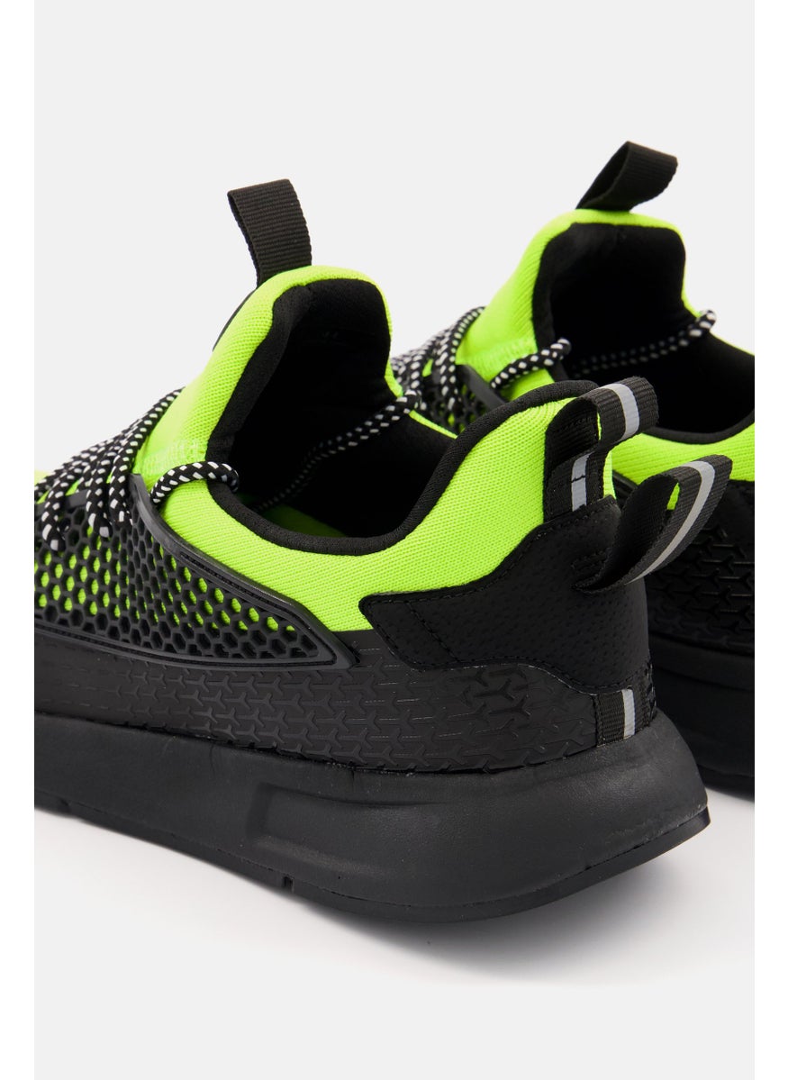 Men Lace Up Brand Logo Casual Shoes, Black/Lime Green