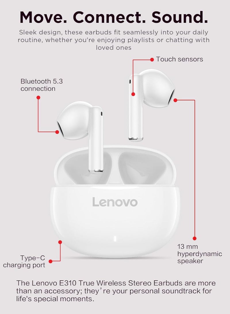 E310 True Wireless Stereo Earbuds, Bluetooth 5.3, 13mm Drivers, AI Call Noise Reduction, 20 Hours Playtime, USB-C Charging, Lightweight - White, with 1-Year Replacement Warranty White