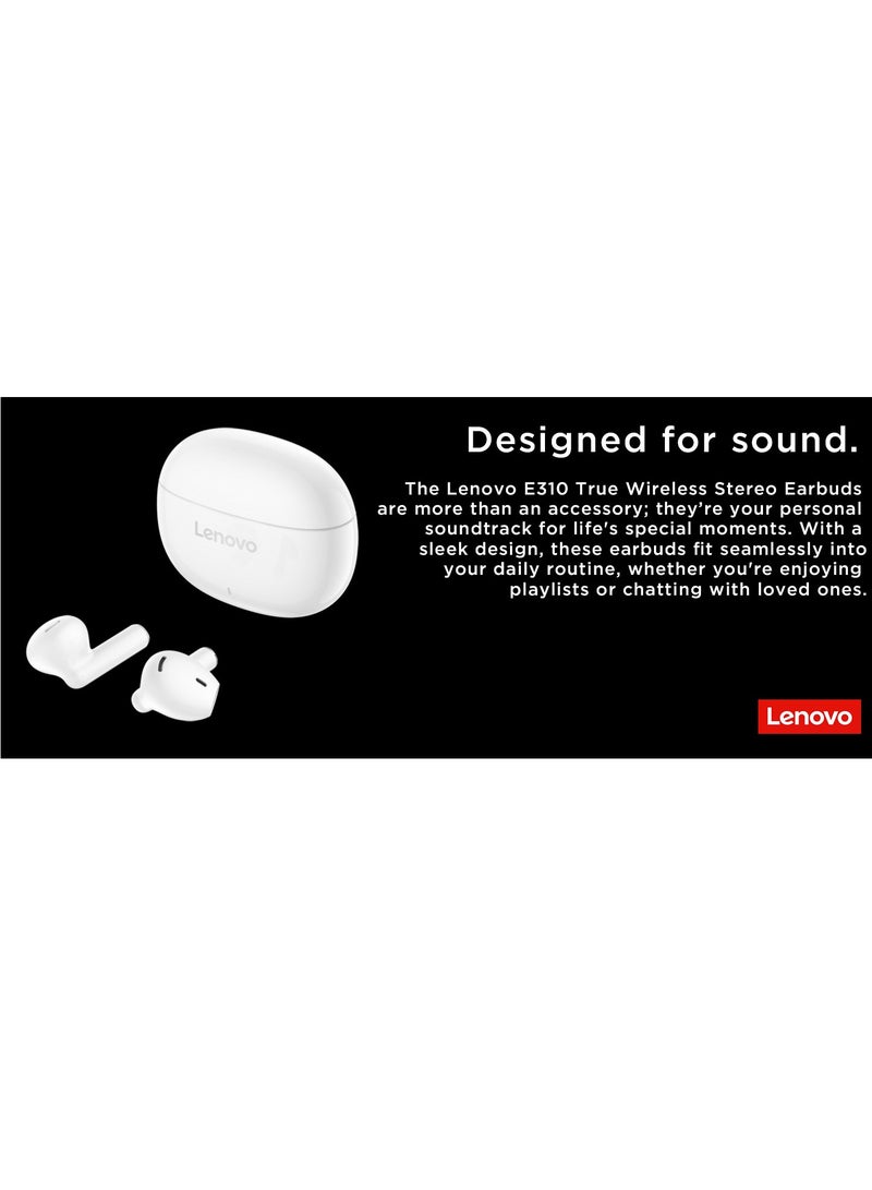 E310 True Wireless Stereo Earbuds, Bluetooth 5.3, 13mm Drivers, AI Call Noise Reduction, 20 Hours Playtime, USB-C Charging, Lightweight - White, with 1-Year Replacement Warranty White