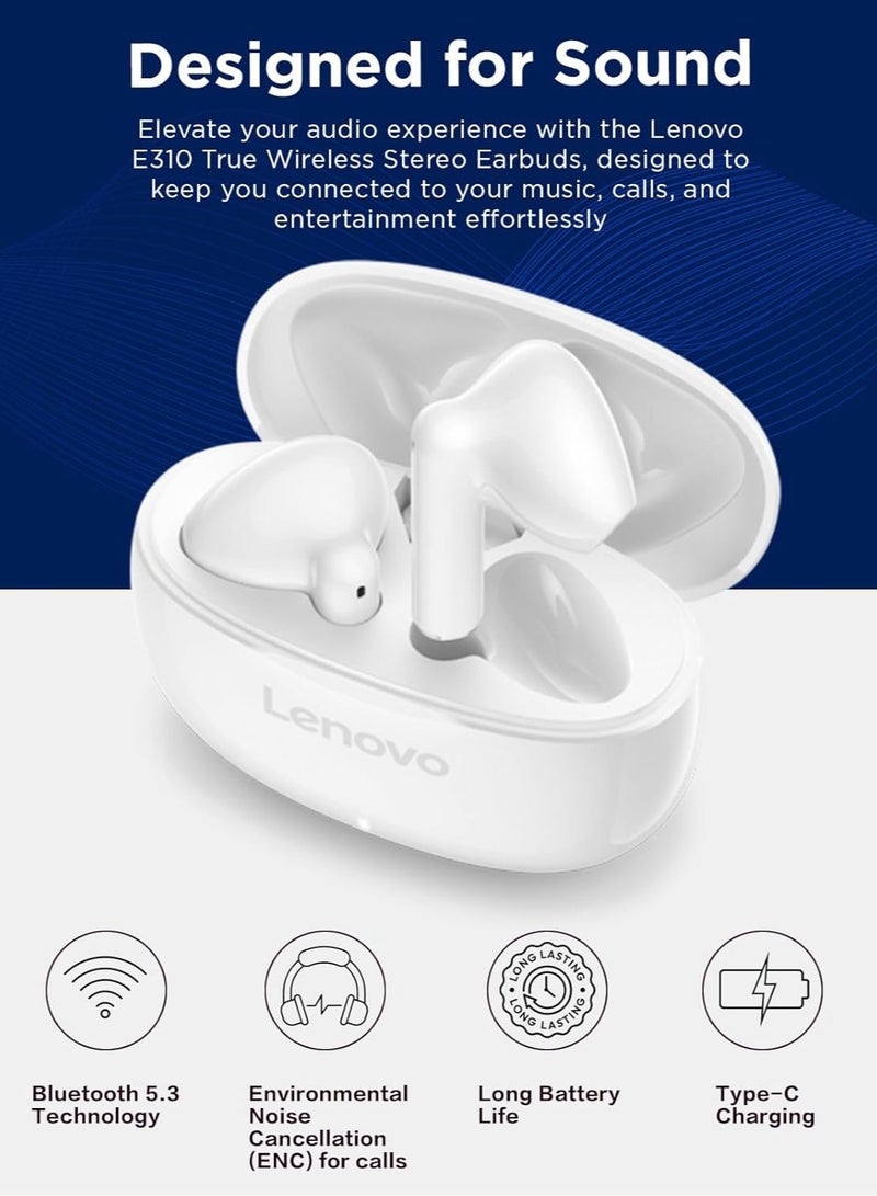 E310 True Wireless Stereo Earbuds, Bluetooth 5.3, 13mm Drivers, AI Call Noise Reduction, 20 Hours Playtime, USB-C Charging, Lightweight - White, with 1-Year Replacement Warranty White