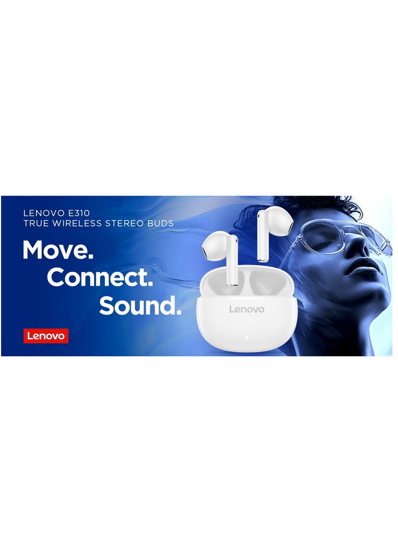 E310 True Wireless Stereo Earbuds, Bluetooth 5.3, 13mm Drivers, AI Call Noise Reduction, 20 Hours Playtime, USB-C Charging, Lightweight - White, with 1-Year Replacement Warranty White