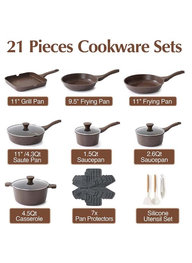 21 Piece Swiss Granite Coating Cookware Set,PFOA/PFOS/APEO Free,1X24Cm Casserole With Lid,1X29Cm Deep Fry Pan With Lid,1X24Cm Fry Pan,1X28Cm Fry Pan,1X16Cm Sauce Pan With Lid,1X20Cm Sauce Pan With Lid,1X28 Grill Pan,Utensils,7 Protector, Toffee Brown