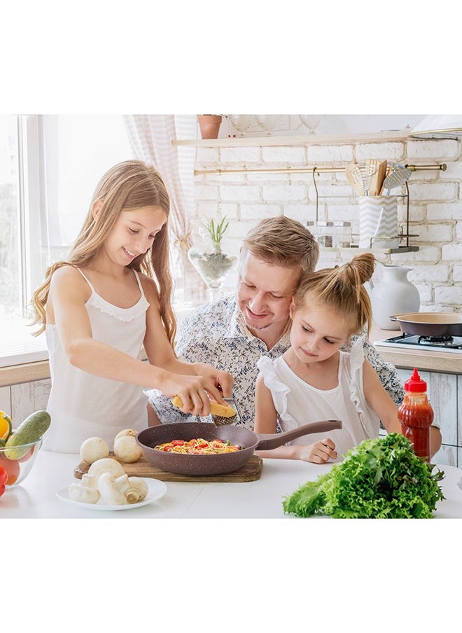 21 Piece Swiss Granite Coating Cookware Set,PFOA/PFOS/APEO Free,1X24Cm Casserole With Lid,1X29Cm Deep Fry Pan With Lid,1X24Cm Fry Pan,1X28Cm Fry Pan,1X16Cm Sauce Pan With Lid,1X20Cm Sauce Pan With Lid,1X28 Grill Pan,Utensils,7 Protector, Toffee Brown