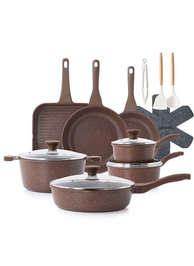 21 Piece Swiss Granite Coating Cookware Set,PFOA/PFOS/APEO Free,1X24Cm Casserole With Lid,1X29Cm Deep Fry Pan With Lid,1X24Cm Fry Pan,1X28Cm Fry Pan,1X16Cm Sauce Pan With Lid,1X20Cm Sauce Pan With Lid,1X28 Grill Pan,Utensils,7 Protector, Toffee Brown