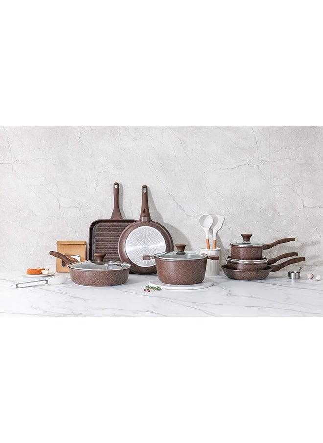 21 Piece Swiss Granite Coating Cookware Set,PFOA/PFOS/APEO Free,1X24Cm Casserole With Lid,1X29Cm Deep Fry Pan With Lid,1X24Cm Fry Pan,1X28Cm Fry Pan,1X16Cm Sauce Pan With Lid,1X20Cm Sauce Pan With Lid,1X28 Grill Pan,Utensils,7 Protector, Toffee Brown