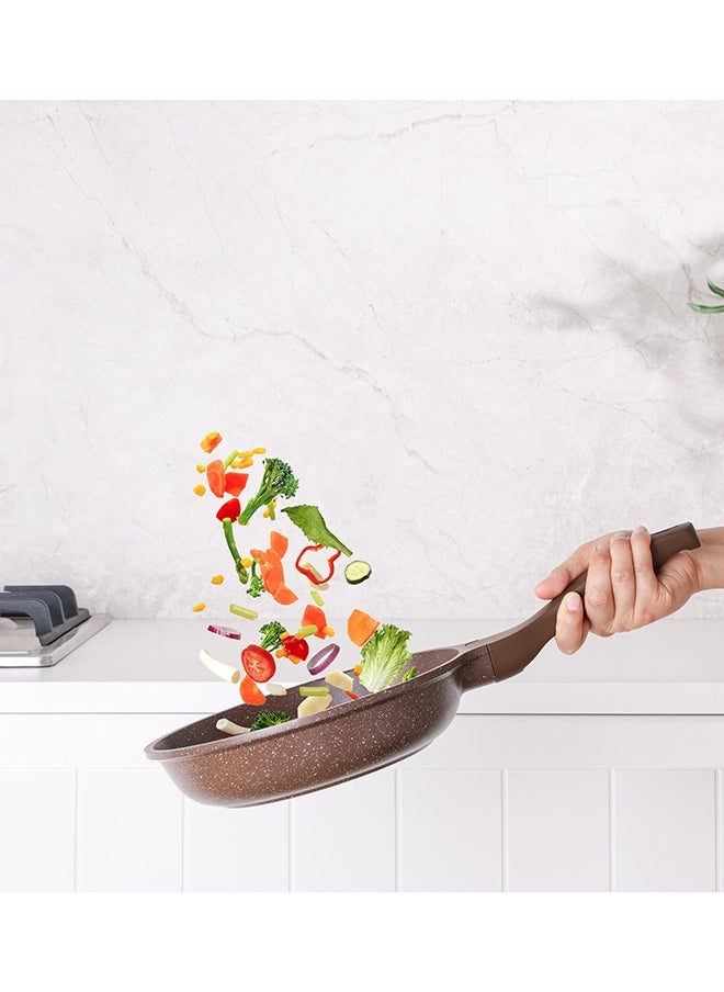 21 Piece Swiss Granite Coating Cookware Set,PFOA/PFOS/APEO Free,1X24Cm Casserole With Lid,1X29Cm Deep Fry Pan With Lid,1X24Cm Fry Pan,1X28Cm Fry Pan,1X16Cm Sauce Pan With Lid,1X20Cm Sauce Pan With Lid,1X28 Grill Pan,Utensils,7 Protector, Toffee Brown