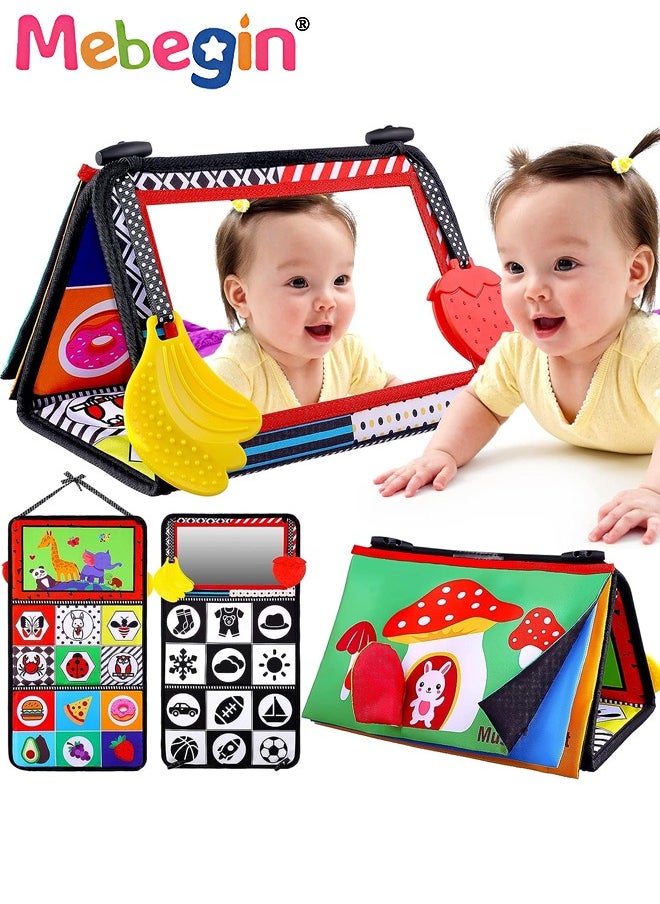 Foldable Cloth Book with Mirror, Tummy Time Mirror Toys for Babies, High Contrast Baby Sensory Toys with Crinkle Cloth Book u0026 Teethers, Montessori Toys, Creative Portable Baby Development Toy, E