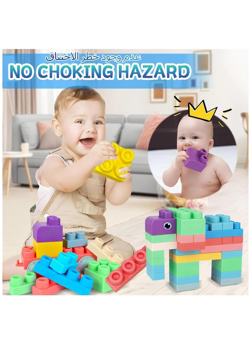 100PCS Baby Soft Blocks Set with Storage Bucket, Educational Building Blocks Toys, Toddler Sensory Sorting Stacking Toys, Rubber Soft Blocks, STEM Gifts for Preschool to Improve Creativity