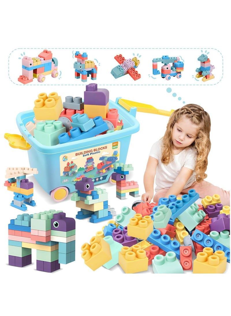 100PCS Baby Soft Blocks Set with Storage Bucket, Educational Building Blocks Toys, Toddler Sensory Sorting Stacking Toys, Rubber Soft Blocks, STEM Gifts for Preschool to Improve Creativity