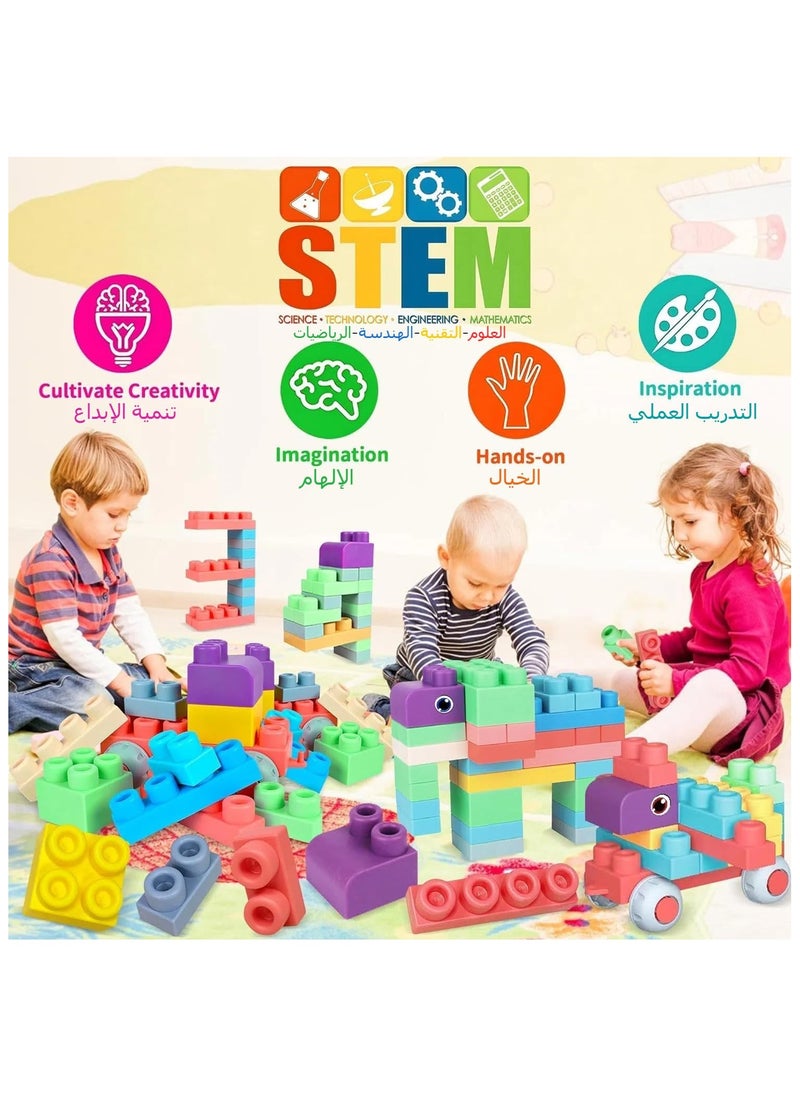 100PCS Baby Soft Blocks Set with Storage Bucket, Educational Building Blocks Toys, Toddler Sensory Sorting Stacking Toys, Rubber Soft Blocks, STEM Gifts for Preschool to Improve Creativity