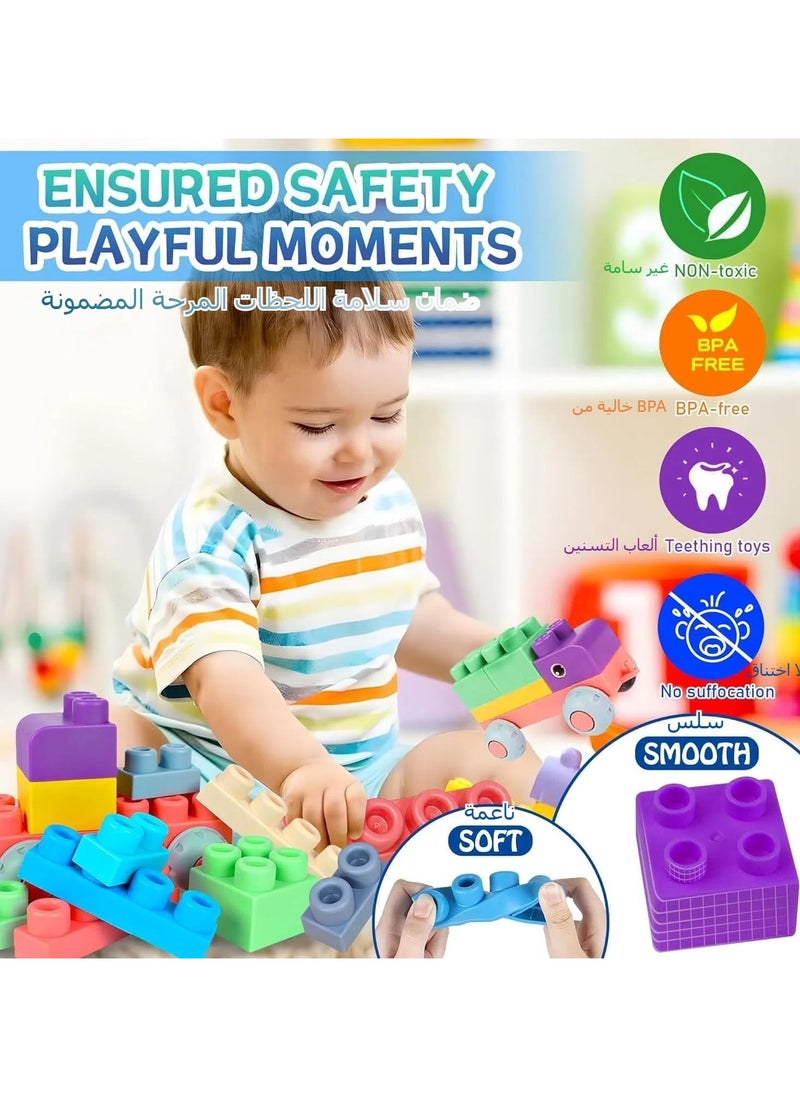 100PCS Baby Soft Blocks Set with Storage Bucket, Educational Building Blocks Toys, Toddler Sensory Sorting Stacking Toys, Rubber Soft Blocks, STEM Gifts for Preschool to Improve Creativity