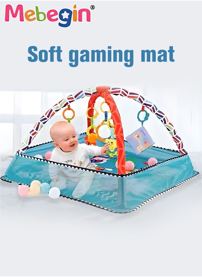 Foldable Baby Play Mat, Baby Activity Gym Mat with 5 Hanging Toys and 18 Ocean Balls, Soft Baby Mats for Floor Play, Non-slip Tummy Time Mat for Infants, Easy Set Up and Storage, Enhancing Sensory A