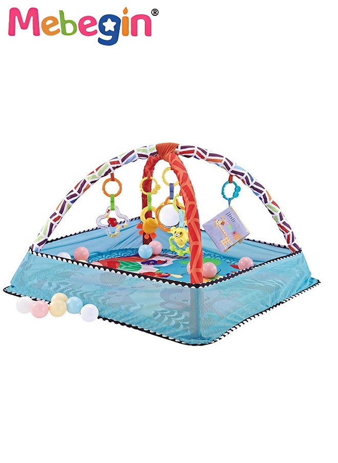 Foldable Baby Play Mat, Baby Activity Gym Mat with 5 Hanging Toys and 18 Ocean Balls, Soft Baby Mats for Floor Play, Non-slip Tummy Time Mat for Infants, Easy Set Up and Storage, Enhancing Sensory A