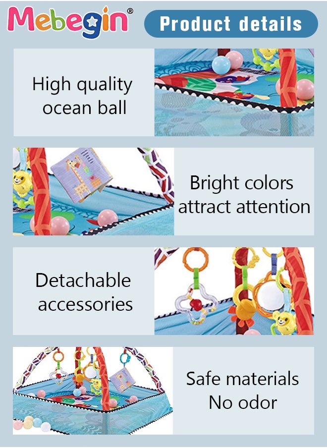 Foldable Baby Play Mat, Baby Activity Gym Mat with 5 Hanging Toys and 18 Ocean Balls, Soft Baby Mats for Floor Play, Non-slip Tummy Time Mat for Infants, Easy Set Up and Storage, Enhancing Sensory A