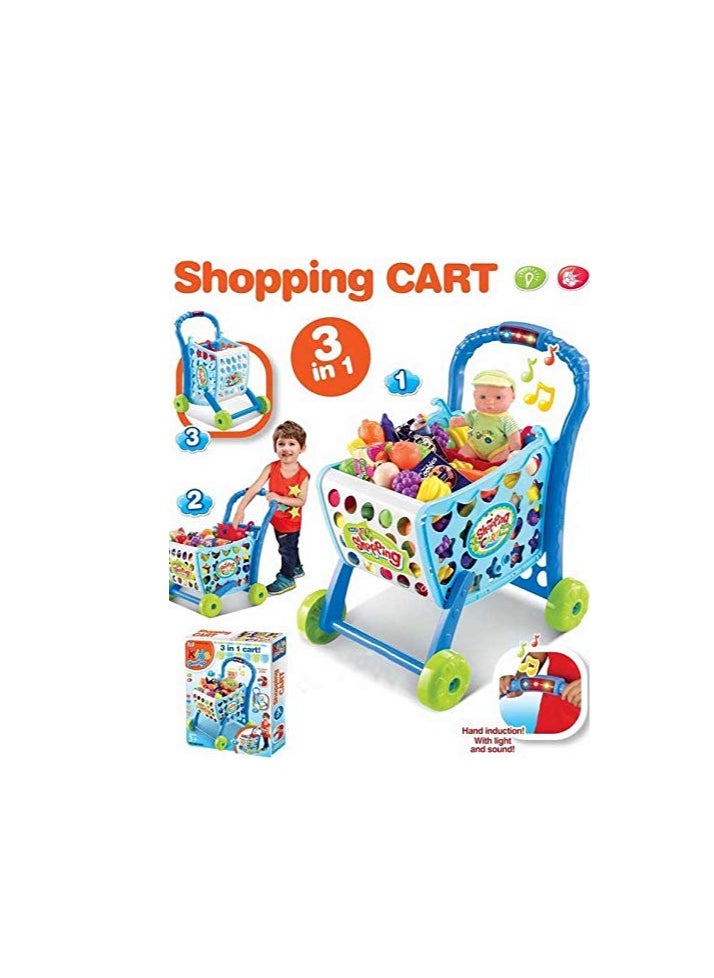 Toys N Smile 3 in 1 Kids Supermarket Plastic Shopping Cart Hand Induction with Light and Sound Pretend Play Toy for Kid with Fruits and Vegetables, Blue