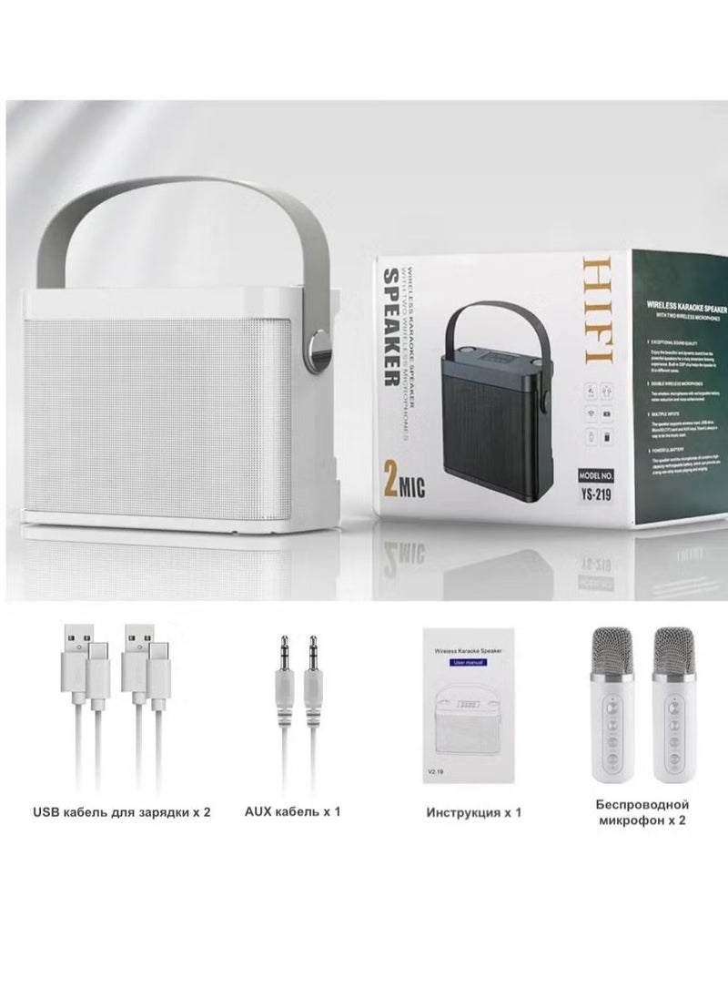 YS-219 Karaoke Machine with 2 Wireless Microphones, Portable Bluetooth Speaker with LED Lights, Built-in FM Radio, Rechargeable Battery, Perfect for Parties, Home Entertainment, Singing & Music Lovers.