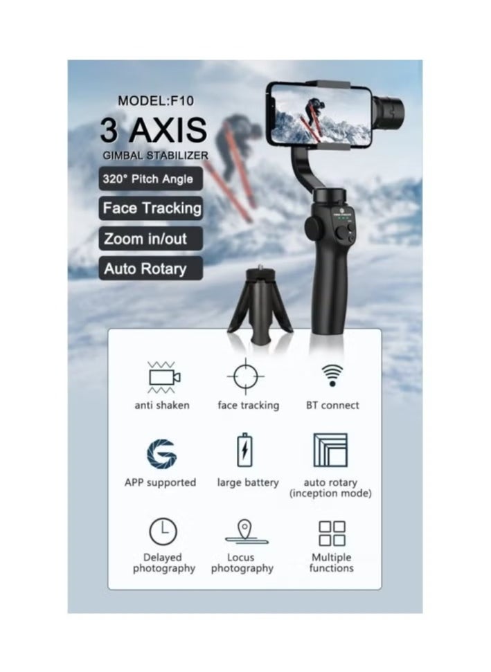 F10 3-Axis Stabilizer Tripod for Smartphone – Smooth Video Recording, Compact & Lightweight Design, Easy-to-Use Stabilization, Adjustable 360° Rotation, Perfect for Vlogging, Live Streaming, Photography, and Cinematic Shots on Your Smartphone
